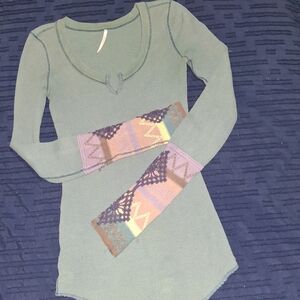 Free People Sage Green Thermal Top with Multicolor Crochet Cuffs
